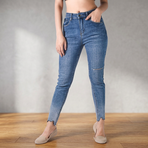 Jean en denim déchiré uni pour femme, coton/élasthanne, détails troués, taille haute vintage, coupe crayon, ajustable, style streetwear - Product Image 2