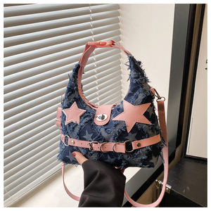 Nouveau sac à bandoulière Denim pour femmes pour femmes à la mode étoile à cinq branches Punk Hottie Style sac croissant polyvalent - Product Image 5