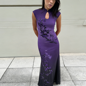 Vintage Floral Colorblock Digital Printed Natural Waist Elegant Stand Collar Mesh <b>Patch</b> Sleeveless Maxi Casual Dress for Women - Product Image 4