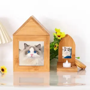 房屋形状竹木狗/猫骨灰盒，带烛台的小型木制记忆礼品盒