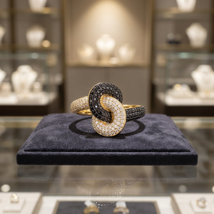 Luxurious 14K Yellow Gold Rhodium Plated Interlocking <b>Circle</b> <b>Ring</b> Natural White Black Diamonds Elegant Classic Engagement Party - Product Image 4