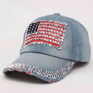 Wholesale Original Unstructured Wash Made <b>Old</b> Denim Bling Vintage American Flag Rhinestone <b>Baseball</b> Cap - Product Image 1