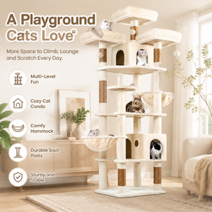 Arbre à chat multi-niveaux en bois avec poteaux à gratter en sisal, grand condo pour chat, hamac, perchoir, aire de jeux pour plusieurs chats - Product Image 4