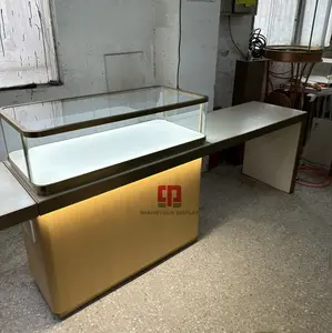 Luxury Metal Stainless Steel Arc Glass Display Cabinet Jewelry Store Wooden Paint Display Counter Jewelry Showcases Design