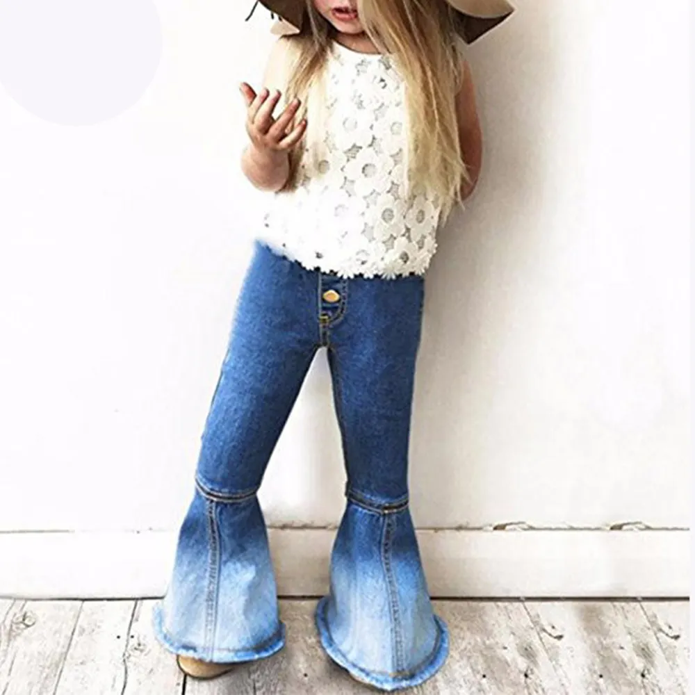 Custom Ombre New Fashion Elastic Kids Wholesale Cotton Bell Bottom Balloon Girls Jeans Flare Pants