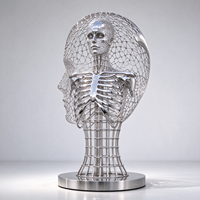 Sculpture de buste de squelette humain en fil d'acier inoxydable poli miroir