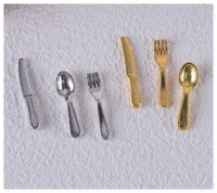 Accessoires de cuisine réalistes en résine DIY, miniatures de cuillères, couteaux et fourchettes dorés et argentés pour maison de poupée, figurines religieuses et de fées