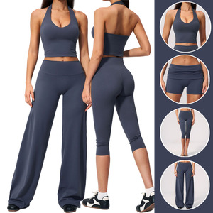 Ensemble de yoga multi-styles pour femmes, haut court à col halter et col en U, short cycliste, pantalon capri et pantalon large respirant pour le fitness - Product Image 1