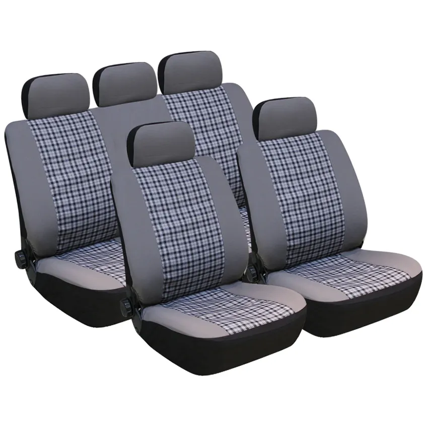 Housse de siège de voiture universelle à la mode, ensemble complet gris en tissu à carreaux + tissu à maille unique, accessoires d'intérieur de voiture lavables, 9 pièces