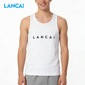 เสื้อกล้าม Lancai แบบมีซี่โครง สำหรับออกกำลังกาย ผู้ชาย ผ้าฝ้าย 100% คอกลม สีขาว สไตล์สตรีทแวร์ - Product Image 1