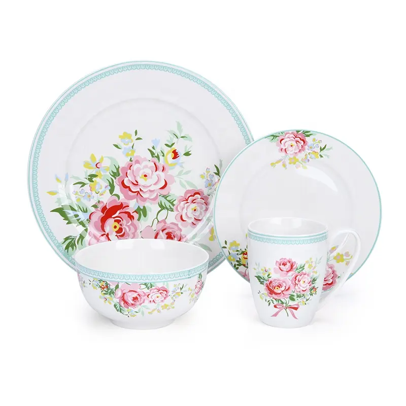 Service de vaisselle avec tasse et bol, vaisselle de table, décalcomanie rose en céramique