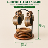 Ensemble tasse et soucoupe en céramique avec glaçure motif oiseau en vol et support en bois, hauteur 28 cm, pour présentation en café