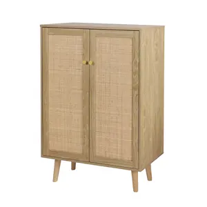 2024 Wholesale Cabinet Wood 2 Door Accent OAK Rattan Cabinet Tall Sideboard Storage Rattan Cabinet for Living Room