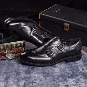 Zapatos Monk Strap Negros para Hombre, de Cuero Genuino, Estilo Boda, Cierre de Hebilla, Suela de Goma, para Todas las Temporadas, Estilo Casual - Product Image 1