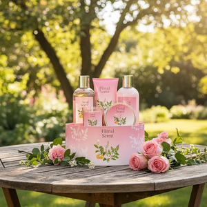 Coffret cadeau de bain parfumé aux fleurs de luxe, 5 pièces, coffret cadeau rose pour le soin du corps pour femmes, avec gel douche, lotion, bougie et crème de bain pour femmes - Product Image 2
