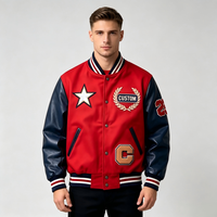 Blouson universitaire streetwear personnalisé en gros, mélange de laine, manches en similicuir, patchs tissés, logo brodé, coupe-vent