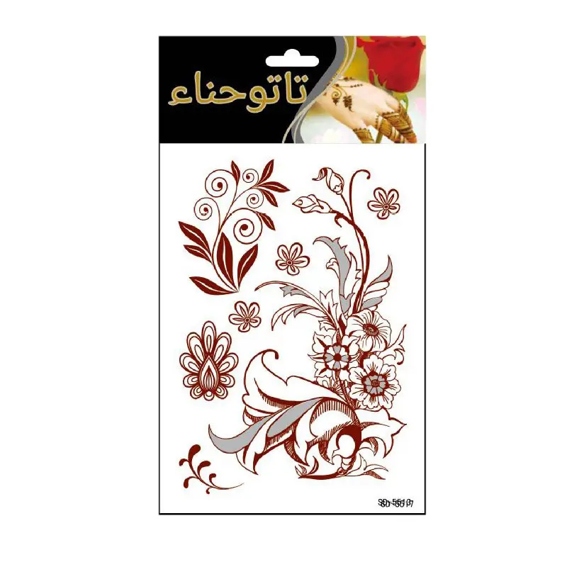 Stiker Tato Henna Sementara, Tato Wanita Bunga, Stiker Henna Seni Tubuh Tinta Merah Tahan Air