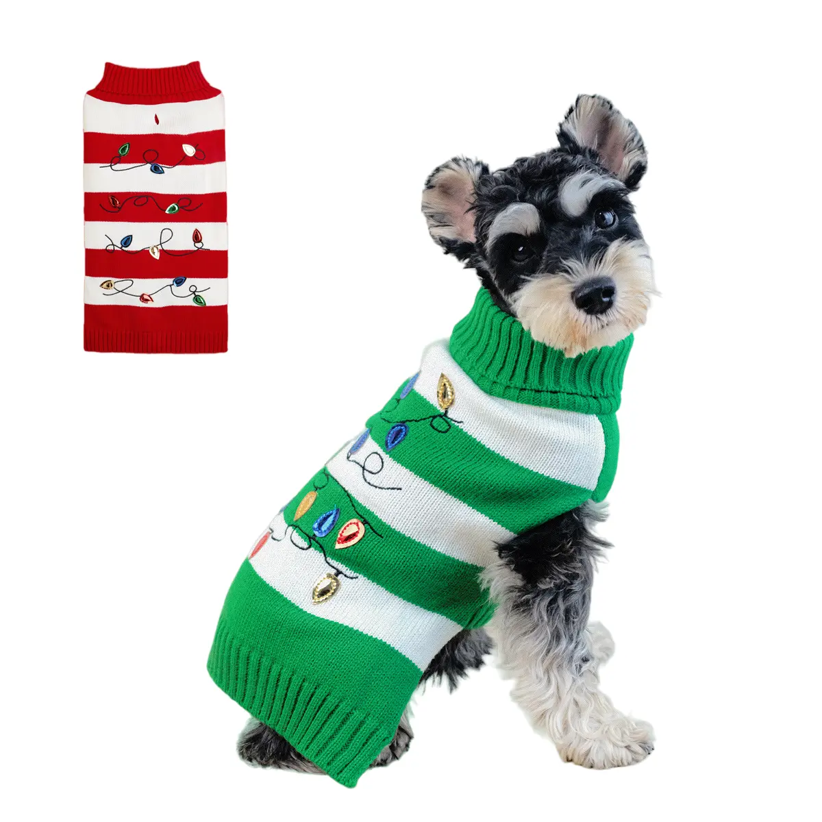 छोटे कुत्तों के लिए बुना हुआ ऐक्रेलिक कॉटन डॉग स्वेटर, धारीदार क्रिसमस रोशनी, गर्म और मुलायम शीतकालीन पालतू कपड़े