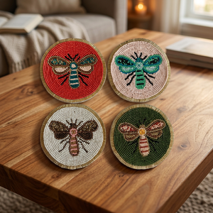 Round Beaded <b>Coasters</b> With Insect Designs Red <b>Pink</b> White Green Traditional Chinese Style Textile Craft Decorative Drink <b>Coasters</b> - Product Image 4