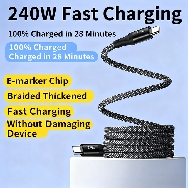 Nylon Braided 240W 5A Fast Charging USB-C to Type-C Cable with Pure Copper Conductor for iPhone 16/15 iPad MacBook