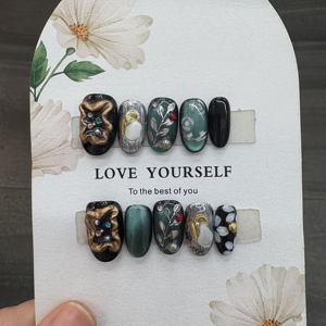 Cubiertas de Uñas Adhesivas en Forma de Almendra, Pintadas a Mano, Tridimensionales, de Acrílico, con Diseño de Armadura, Cortas y Elípticas - Product Image 3