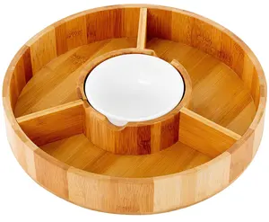 Bamboo Chip and Dip Serving Bowl Wooden Appetizer Platter Set with Dip Cup for Snacks