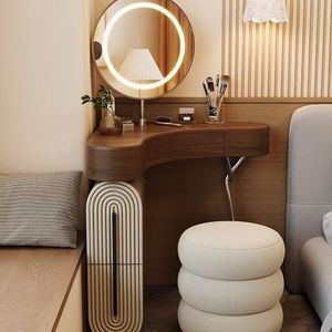 Coiffeuse d'angle moderne extensible en <span class=keywords><strong>bois</strong></span> massif <span class=keywords><strong>avec</strong></span> tabouret de maquillage intégré pour chambre à coucher, <span class=keywords><strong>petit</strong></span> appartement, <span class=keywords><strong>baie</strong></span> <span class=keywords><strong>vitrée</strong></span> triangulaire - Product Image 5