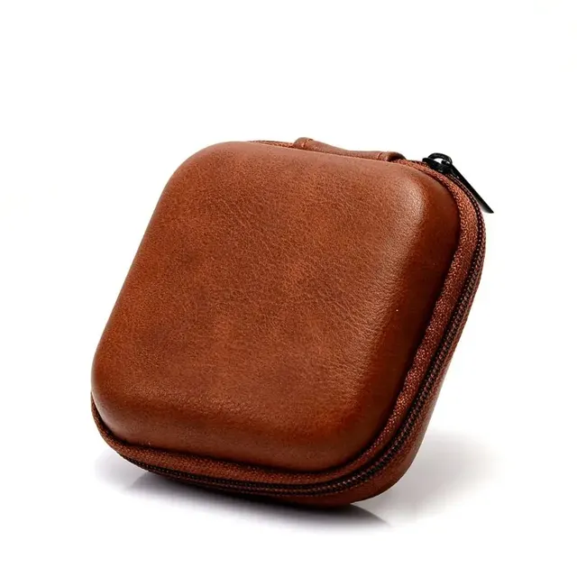 Custom Logo Brown PU Leather Earphone Case Mini Zippered Storage Pouch for Earbuds/Headphones Wholesale Travel Organizer