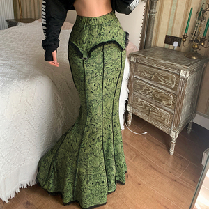 European American Retro <b>Printed</b> Mermaid <b>Maxi</b> <b>Skirt</b> Women Irregular Lace Trim Reverse Stitch Elastic Waist Slim Fit <b>Skirt</b> - Product Image 5
