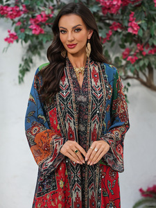 Abaya longue de luxe personnalisée pour <span class=keywords><strong>femme</strong></span> 2026, motif ethnique complexe, robe décontractée en polyester transparent pour l'Aïd, taille unique - Product Image 4