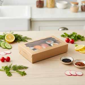 Kotak Kue Kertas Persegi Panjang Ramah Lingkungan dengan Laminasi Matt Biodegradable <span class=keywords><strong>7</strong></span> X 4.3 X 1.5 Inci dan Tutup Transparan untuk Sushi - Product Image 2