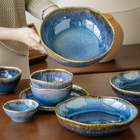 Ensemble de vaisselle en céramique de 12 pièces de style américain de luxe en gros d'usine vaisselle en porcelaine de glaçure réactive irrégulière bleue pour la maison