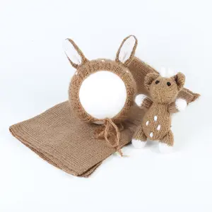 Hand Knitted Mohair Deer Bonnet Wrap Toy Set Crochet Reindeer Hat Knit Plush Doll Newborn Photography Props Girls or Boys Gift