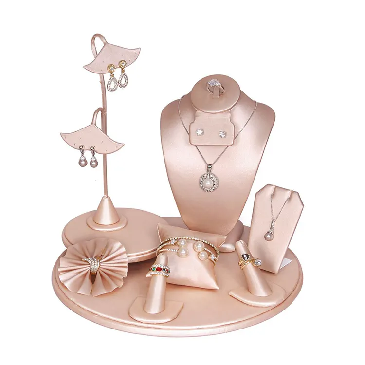 Benutzer definierte rosa Samt Pu Leder Luxus verpackung Halskette Uhr Armband Ohrring Ring Schmuck Displays mit Tabletts für Vitrine gesetzt