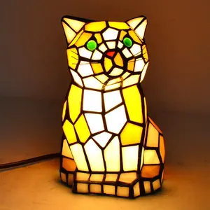 LongHuiJing कस्टम मेड प्यारा बिल्ली टिफ़नी शैली सना हुआ ग्लास लहजे तालिका दीपक रात को प्रकाश उपहार