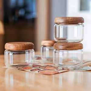 Commercio all'ingrosso 300ml 450ml di vetro da cucina ermetico contenitore per alimenti con coperchio in legno d'acacia rotondo barattolo di vetro trasparente - Product Image 2