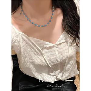 King Silver Jewelry Turquoise Bead Necklace <b>Bracelet</b> Set Women's Everyday Wear S925 Sterling Silver Geometric Round <b>Ball</b> Design - Product Image 5