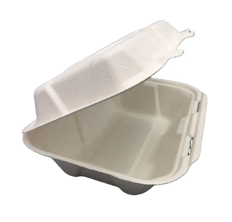 Custom biodegradável alimentos takeaway embalagem clamshell talheres de bagaço de cana