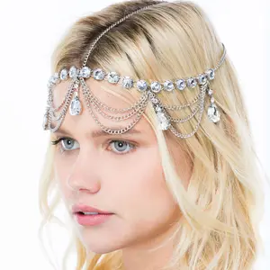Go Party Luxury Crystal Forehead Headband Wedding Bridal Hair Chain Headpiece For Women Rhinestone Water Drop Tassel Head Wear
