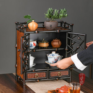 Bamboo Tea Cabinet Lacquered Bamboo Openwork Storage Display Rack Square Solid Wood Tea Ceremony <b>Tabletop</b> Cabinet - Product Image 5