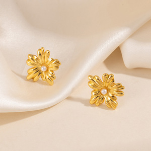Pendientes Clásicos de <span class=keywords><strong>Perlas</strong></span> con Ojo de la Suerte, Pendientes de Acero Inoxidable Chapados en Oro con Forma de Flor para Mujer, Joyería de Estilo Vintage al por Mayor - Product Image 3