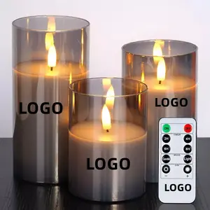 Bougie led 3d vraie flamme lumière à piles télécommande verre gris bougies électroniques sans flamme