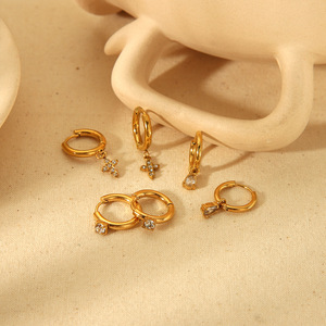 Huggie Earrings Gold Tone Cross Zircon <b>Circle</b> Stainless Steel Ear Clips Geometric Design Fashion Dangle Earrings - Product Image 1