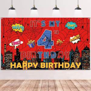 Pancarta de Feliz Cumpleaños con Diseño de Telaraña para 4 Años, Decoraciones con Fondo Rojo y Azul, Artículos para Niños de 4 Años, Personalizable - Product Image 1