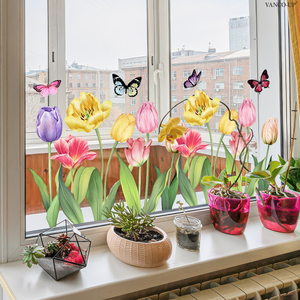 Pegatina colorida <span class=keywords><strong>para</strong></span> ventana con diseño de mariposa y tulipán <span class=keywords><strong>para</strong></span> escaparates y puertas de vidrio, adhesivo estático <span class=keywords><strong>para</strong></span> vidrio, visible desde ambos lados - Product Image 1