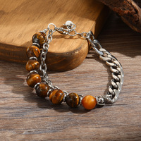 Bracelet pour homme en perles de pierres précieuses œil de tigre, chaîne cubaine en acier inoxydable, idéal pour le dropshipping