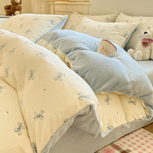 Kwaliteitsvolle wol gevulde melkfluweel dekbedovertrekset van vier delen, herfst, verdikte koraal, waterafstotende hoes - Product Image 1