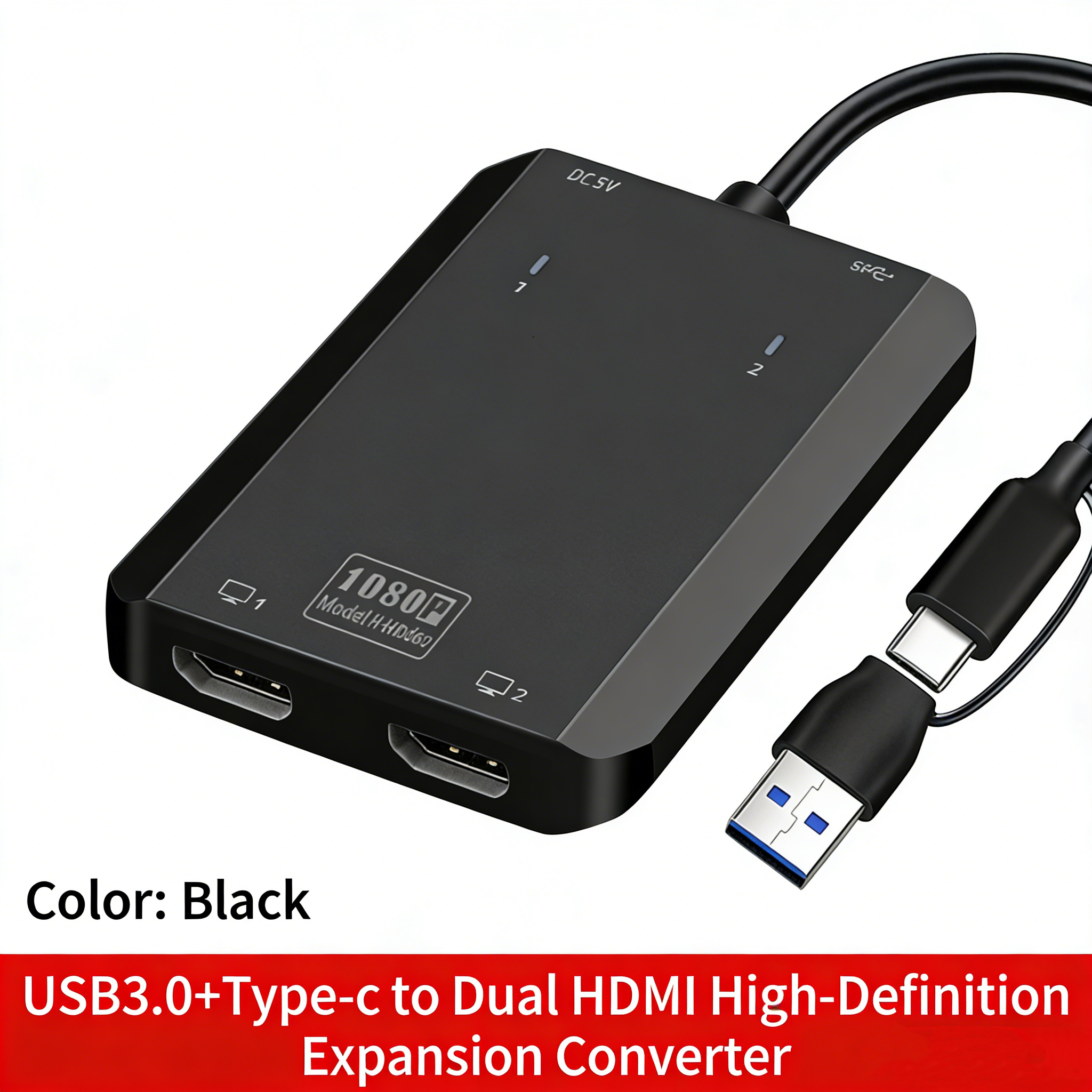 Convertisseur vidéo noir-A+C vers HDMI+HDMI+USB 3.0