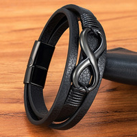 Pulsera de Cuero Negro para Hombre, Tejida con Cuerda de Cuero Vacuno y Acero Inoxidable Infinito, 8 Capas