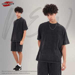 Men's Vintage Double Yarn Fabric Oversized Short Sleeve T-<b>shirt</b> Washed <b>Patchwork</b> Sleeve Cotton Solid Tshirt for Summer - Product Image 3